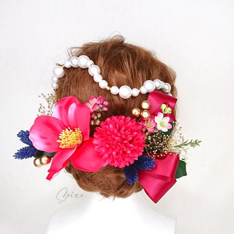 【一点限品】椿とマムとパール飾りのヘッドドレス 成人式 卒業式 袴 髪飾り 造花 和装 ピンク リボン