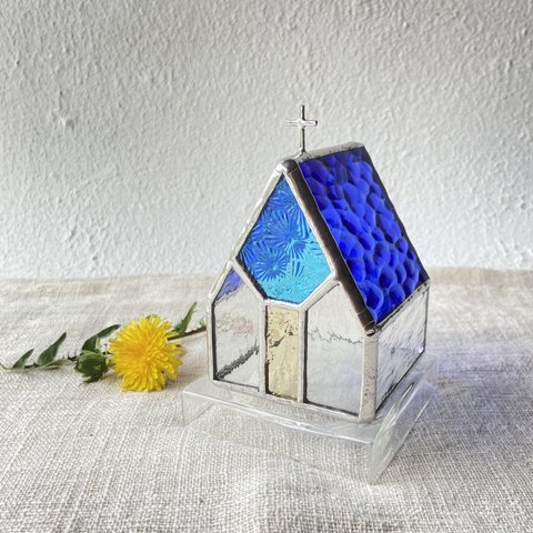 【Medium Church or house】Sapphire blue ステンドグラス　LED専用キャンドルホルダー