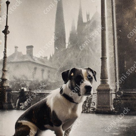 犬がおすわりをした昔の写真のイメージ、レトロ、モノクロ、アート、古びた写真　conistock_88847_02