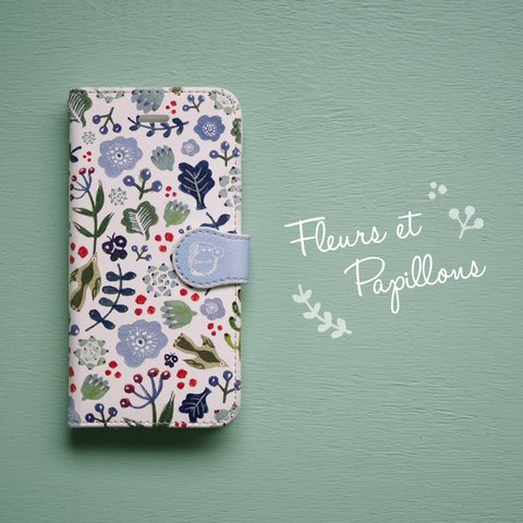 【名入れOK】Android手帳型スマホケース / Fleurs et Papillons(white)