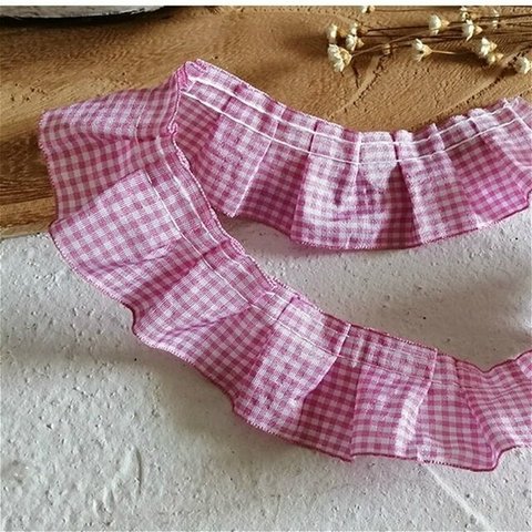 [A-00654/A02417] 格子折りギンガムチェックレース 50cm ピンク