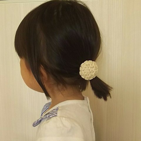 【再販】3.5cm＊リフ編みくるみボタンのヘアゴム＊ベージュ 