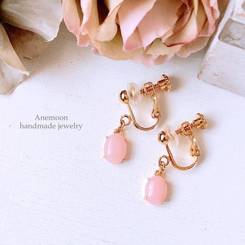 天然石ピンクオパール18kgpイヤリング/ピアス　10月誕生石 Pink Opal  8×6mm 揺れるタイプ