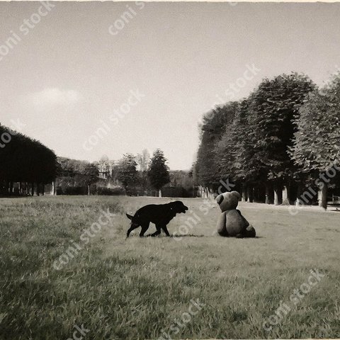 芝生で大きなぬいぐるみと仲良くする犬、レトロ、モノクロ、アート、古びた写真　conistock_63363