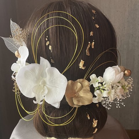 【水引き、金箔付き】胡蝶蘭の髪飾り♡前撮り　成人式　和装　結婚式　振袖に☺︎