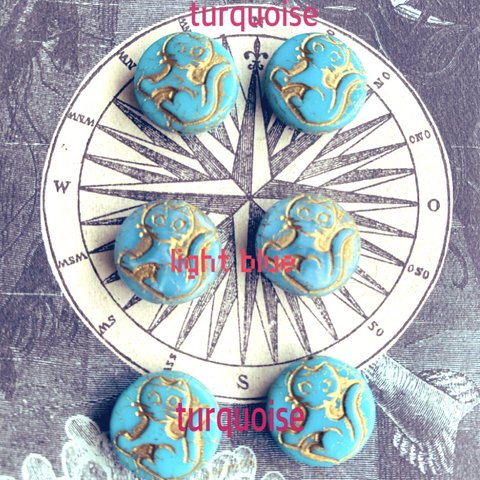 再販【2色6コセット】JIRI＊IVANA#czech beads#チェコビーズ　cat14㎜　light blue2コturquoise4コ/bronze