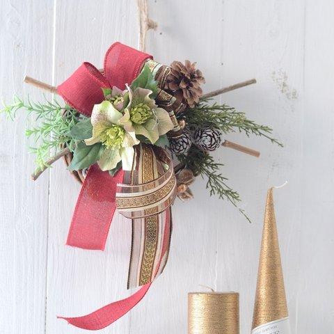 ■手作りキット■クリスマスリース　クリスマス以外にも飾れるステックガーデンリース　クリスマスローズとリボンのナチュラルリース