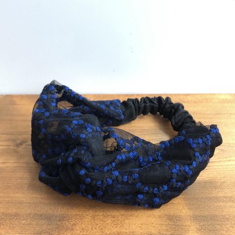 サークル刺繍　チュールヘアバンド(青系)