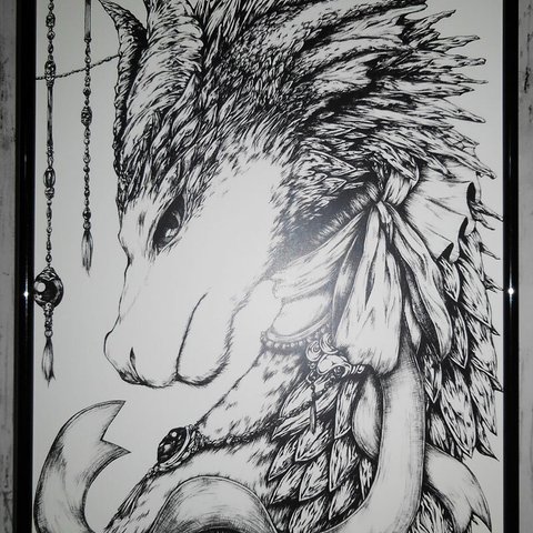 ペン画「飾るドラゴン」ポスターＡ４サイズ