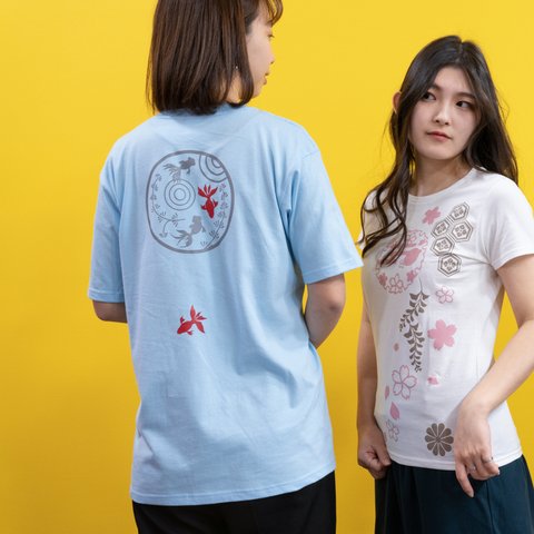 和柄Tシャツ・金魚（半袖・空色）XLサイズ