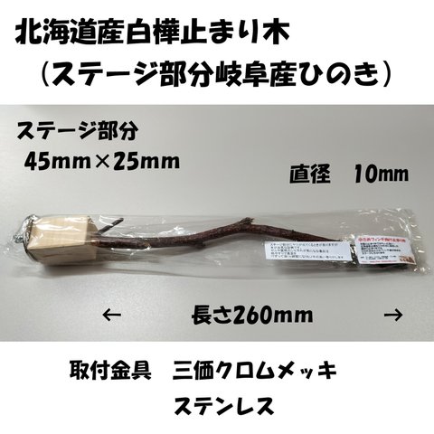 白樺止まり木　１１（ステージ45×25ｍｍ　直径10ｍｍ　長さ260ｍｍ）