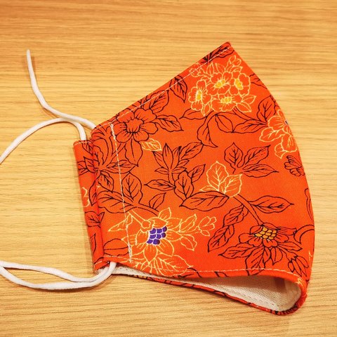 【マスク】着物で作ったオレンジ花柄マスク