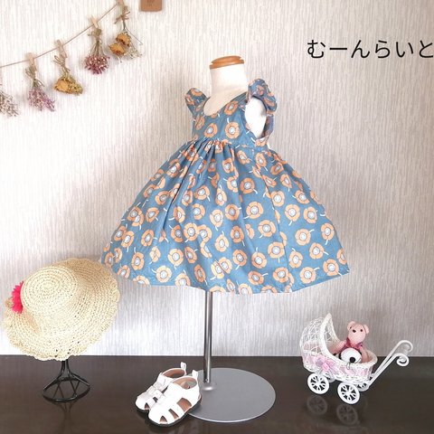 【特集掲載シリーズ】【完成品】【80cm】フリル袖のパオッコー花柄　ふんわりギャザーワンピース（綿、コットン）80cm　