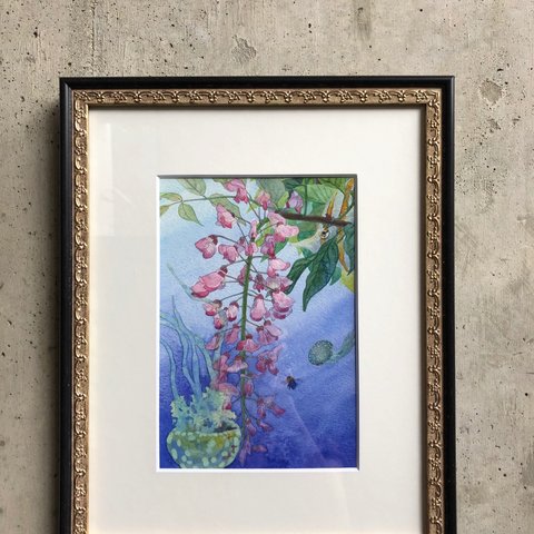 「波に揺られて〜藤の花〜」（ぬり絵アレンジ水彩画）※額装済