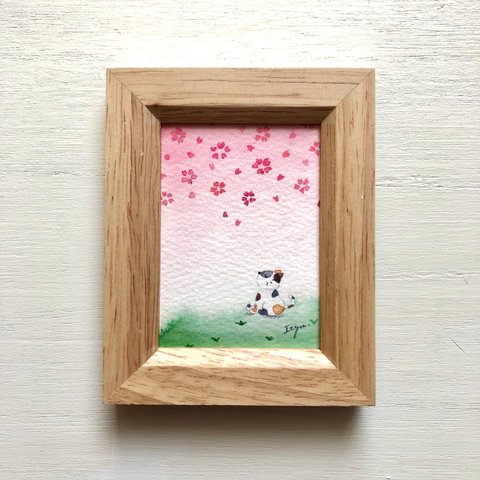 🌸透明水彩画「猫ちゃんのお花見」 イラストミニ額  ねこ　ネコ　春　桜　サクラ　プチギフト 入園入学🌸