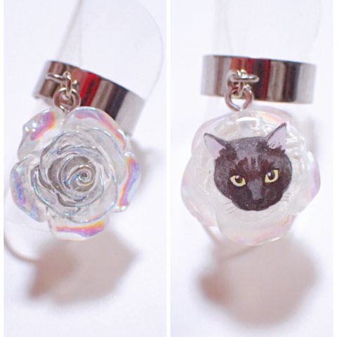 薔薇の指輪 レジン 猫 ねこ 黒猫 オーロラカラー