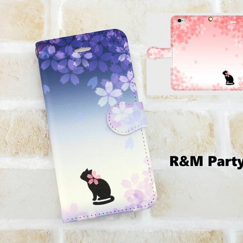 送料無料★桜/夜桜 猫 手帳型スマホケース/XPERIA/GALAXY/AQUOS/アンドロイド