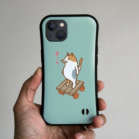 グリップiPhoneケース　猫がすーん（ブルーグレー）