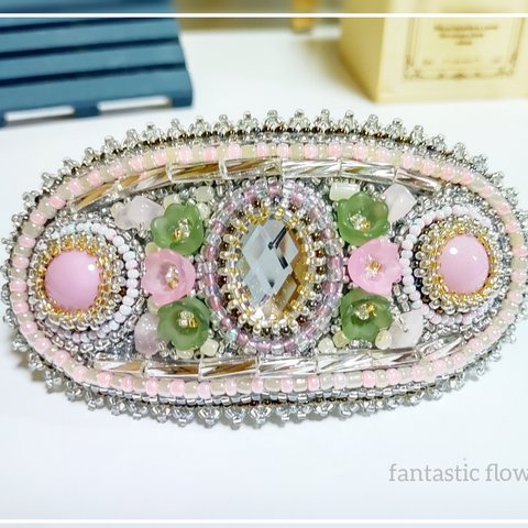 ビーズ刺繍 バレッタ ピンク フラワー シルバー【fa2-0297】fantastic flowery