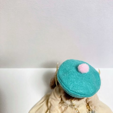 リカちゃんポンポンベレー帽（緑×ピンク）