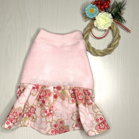 犬服　3S 袖フリル付　フリース✖️桜🌸　ワンピ