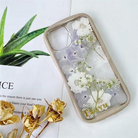 iFace風押し花スマホケース、紫陽花、iPhone全機種対応、ストラップホルダ一、手帳型、iPhone14、iPhone14Pro、iPhone14plus、iPhone13、iPhone12