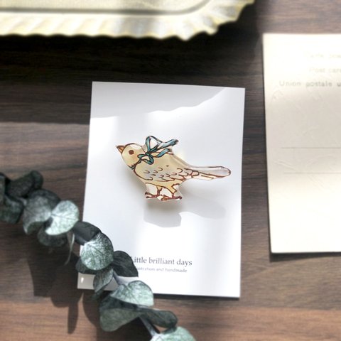 Ribbon bird brooch｜青いリボンの小鳥ブローチ〔小鳥シリーズ〕 