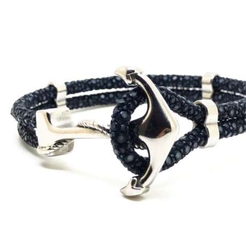 Wスティングレイアンカーブレスレット ネイビー stingrays skin with anchor top & lock  navy blue 