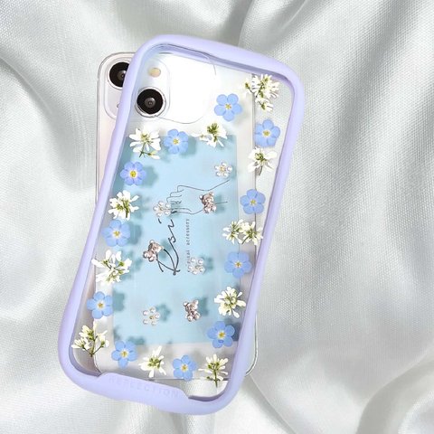 iPhoneケース　スマホケース　押し花とテディベアの携帯ケース