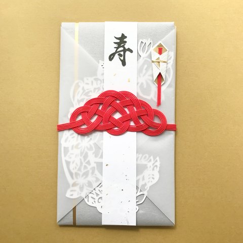 【結婚祝】贈る飾る切り絵happinessご祝儀袋 グレー - ゴールド 月とプルメリア