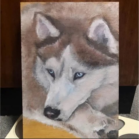 シベリアンハスキー 油絵 動物 犬 サイズSMサイズ 横23cm縦16cm