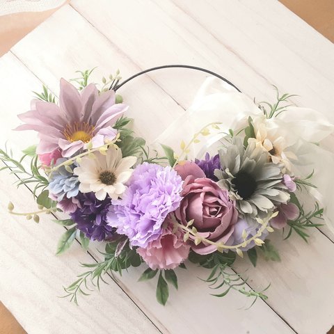 【母の日早割】母の日💐薄紫カーネーションのアイアンリース(約29cm)母の日　ミモザ　玄関リース　結婚祝い　出産祝い　新築祝い　誕生日