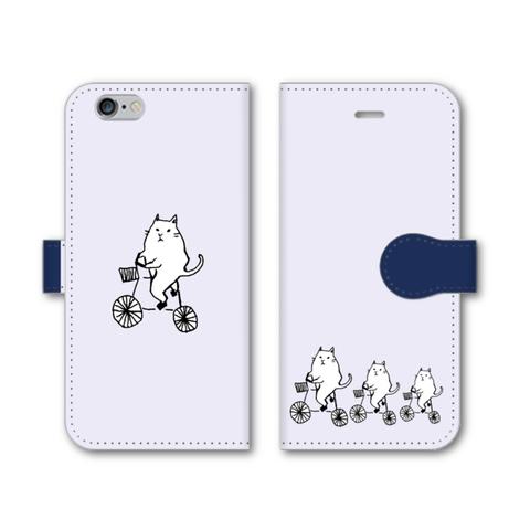 【全機種対応】ちょっとそこまで猫　ブルー×ネイビー　手帳型iphone/スマホケース【多機種対応】