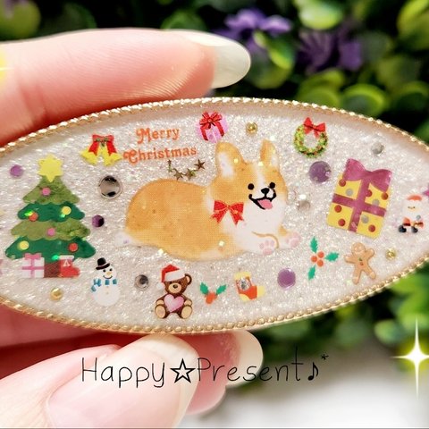 コーギーの華やかキラキラ✴️ホワイトX'masのヘアクリップ🎄🎅🎁✨送料無料　犬　限定　プレゼント　ギフトラッピング