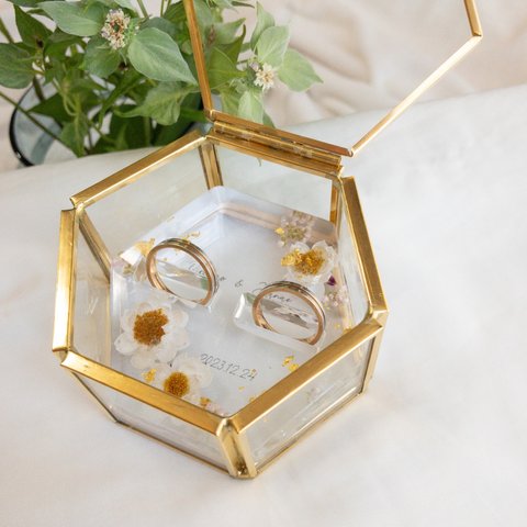 リングピロー　🎈　金箔　花かんざし　ゴールド　ガラスケース