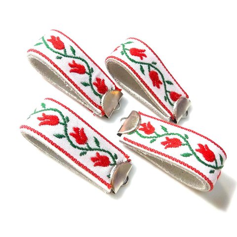 赤い小花のチロリアンテープ  リボン 本革 タッセル ４個  ２ペア パーツ 材料   モクバ チロルテープ  刺繍    白 ホワイト