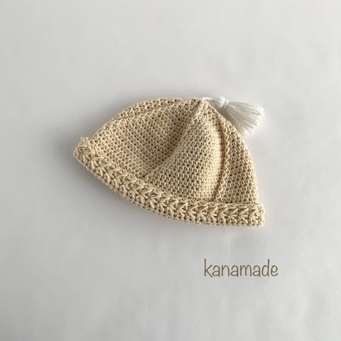 [NEWBORN BABY]40cm コットンどんぐり帽子[レモン]×タッセル[ホワイト] 洗える帽子 オーガニックコットン [完成品]