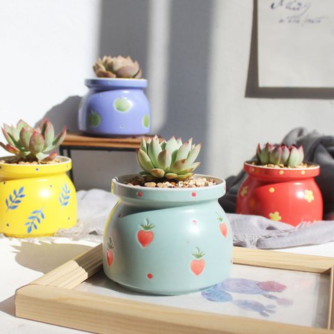 手描き多肉植木鉢 小型 陶器 かわいい6色 卓上用 多肉植物用フラワーポット ペンホルダー 花器 収納 装飾品