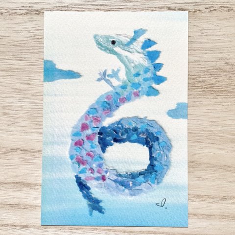 🐉ちぎり絵「青龍」 透明水彩画イラストポストカード ２枚セット　縁起物　辰年　開運　風水　龍　ドラゴン　昇り龍　お正月　年賀状　2024年