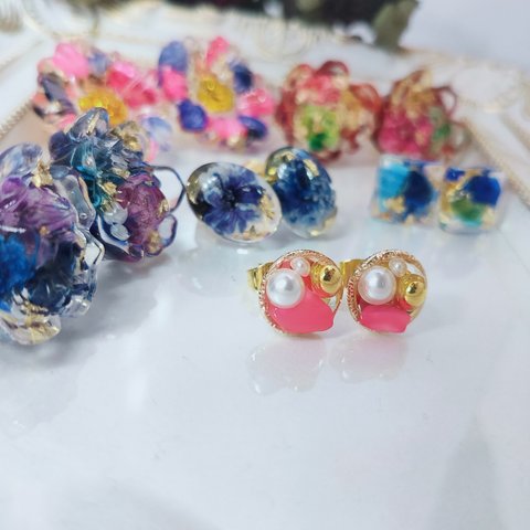 *ピアス*丸カンリング*ストーン*ドライフラワー*花*琉球ガラス