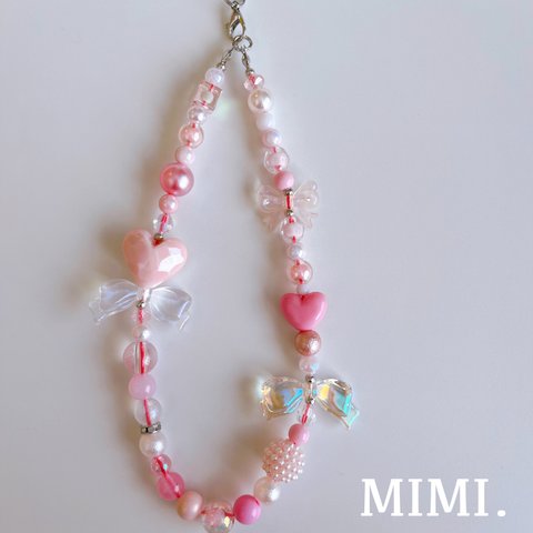 ビーズストラップ🩷スマホストラップ🎀ハンドストラップ⚪️ピンクハートリボン🎀¨̮*/MIMI. 