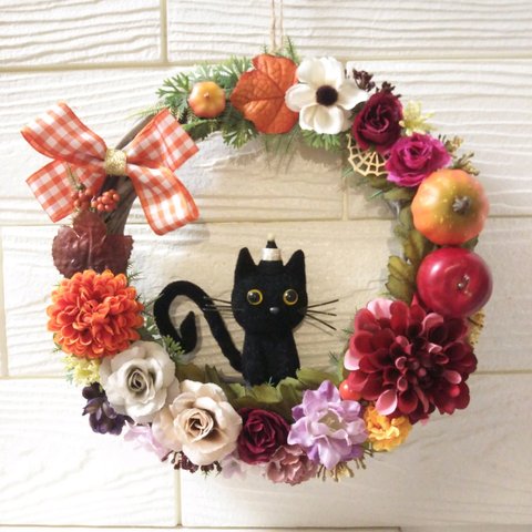 オータム ハロウィン リース お花いっぱい クレッセント 黒ネコ