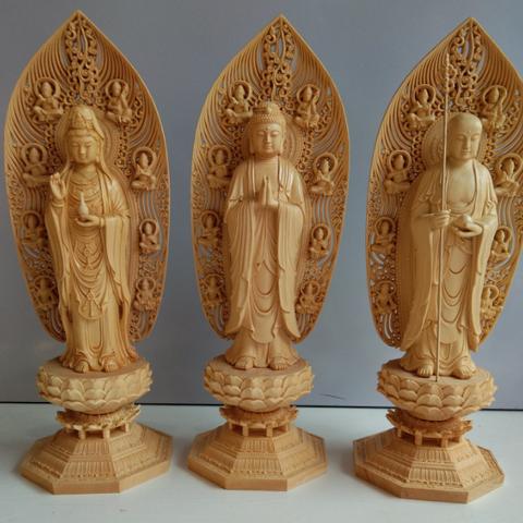 地蔵菩薩像 三聖  蓮華丸台座 仏師で仕上げ品 彫刻工芸品 木彫仏像     
