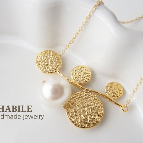 round leaf & pearl necklace / ネックレス ゴールド マットゴールド 長め パール シンプル 大ぶり パール 14kgf変更可 送料無料
