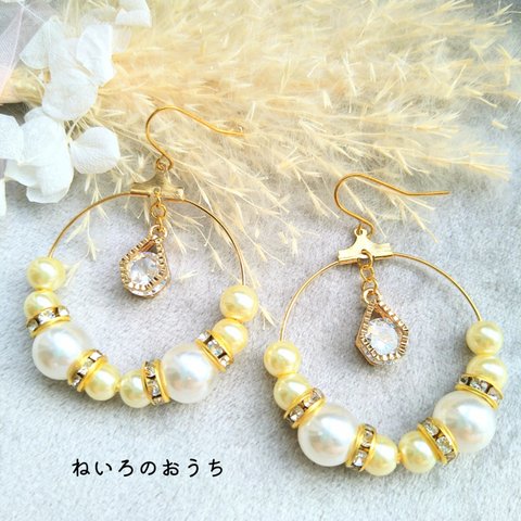 レモン色🍋キラキラ✨雫チャームのフープピアス/イヤリング