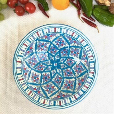 イタリア＆北アフリカ伝統万能絵付皿　甘く人を酔わせる青と赤　クスクス皿 55 tebsi