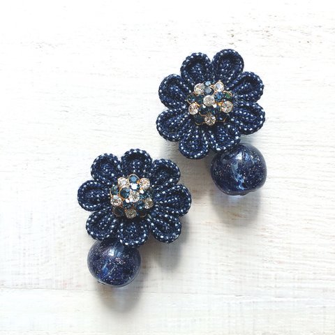 再販🌈💎Fancy denim flowerイヤリング💎Swarovski blue&crystal💎青のベネツィアでおめかしver.🌈和装 フラワーギフト お出かけ ギフト