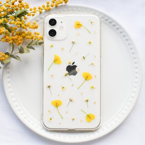 菜の花とかすみ草のiPhoneケース 押し花 全機種対応 スマホケース 11/11pro/11proMax