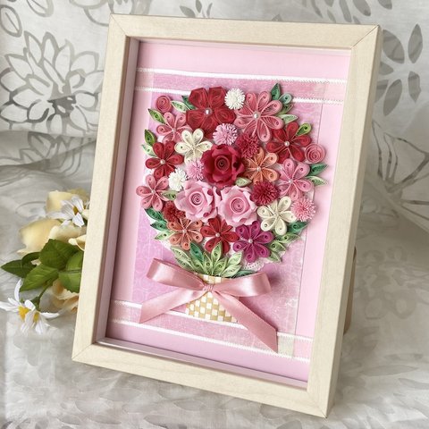 2.ピンクブーケ　ペーパークイリング　ペーパーフラワーブーケ　紙の花飾り　バラのブーケ　母の日　オリジナル　ピンク　赤　