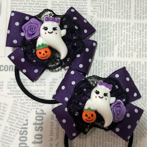 ハロウィン🎃キッズ　リボンヘアゴムセット  かぼちゃを持ったおばけちゃん